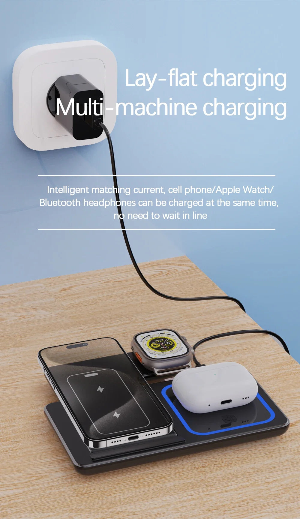 Desktop 3 in 1 Wireless Charger Foldable Fast Phone Charge Station For iPhone 16 15 14 13 12 Apple Watch 10/9/8/7/6 AirPods 3/2