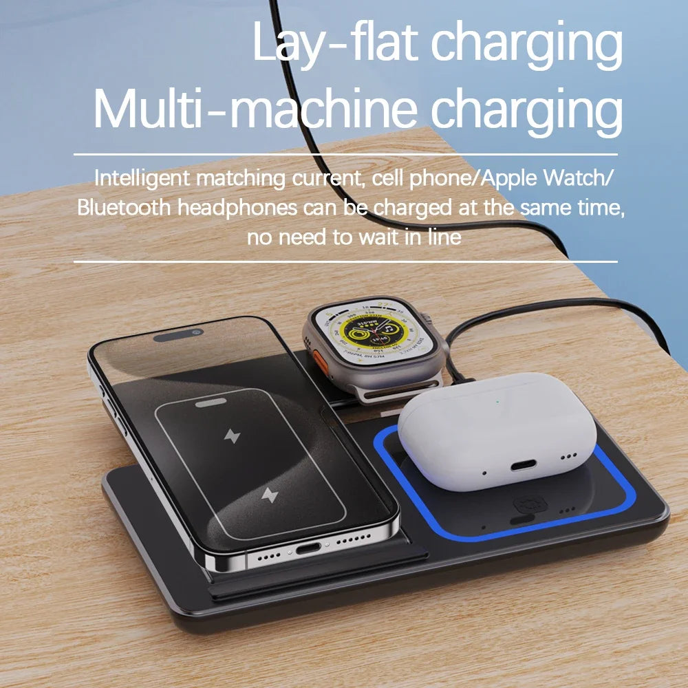 Desktop 3 in 1 Wireless Charger Foldable Fast Phone Charge Station For iPhone 16 15 14 13 12 Apple Watch 10/9/8/7/6 AirPods 3/2