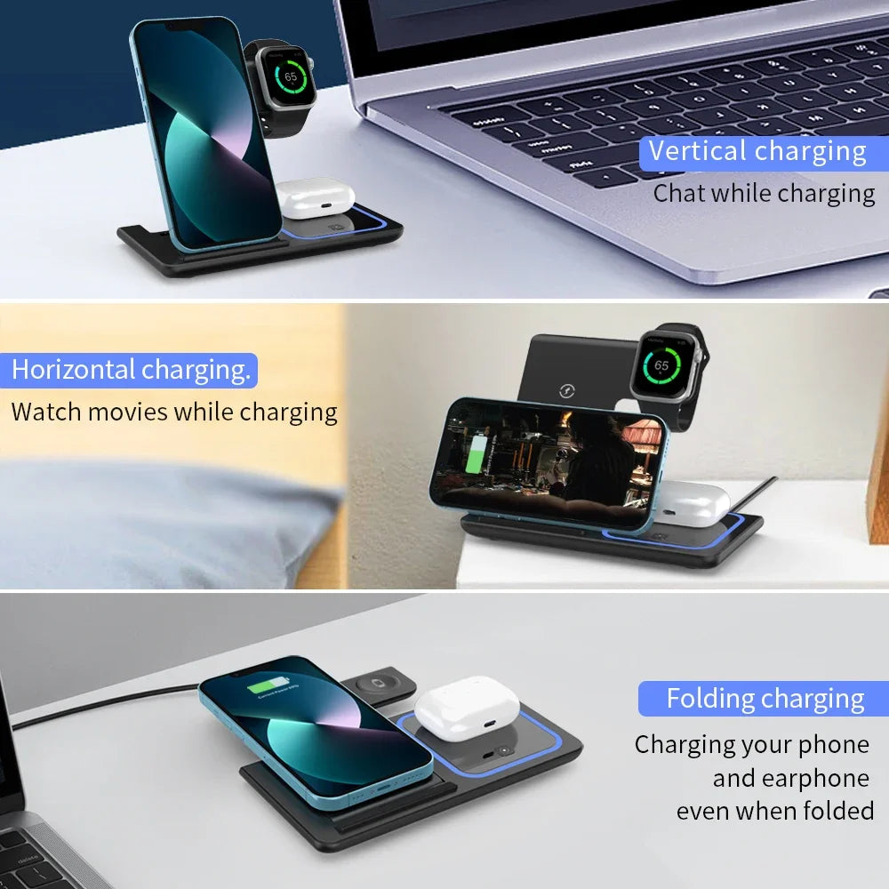 Desktop 3 in 1 Wireless Charger Foldable Fast Phone Charge Station For iPhone 16 15 14 13 12 Apple Watch 10/9/8/7/6 AirPods 3/2