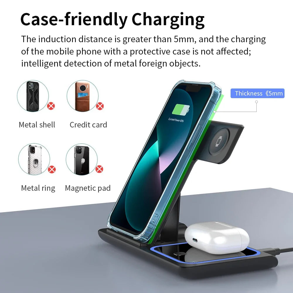 Desktop 3 in 1 Wireless Charger Foldable Fast Phone Charge Station For iPhone 16 15 14 13 12 Apple Watch 10/9/8/7/6 AirPods 3/2