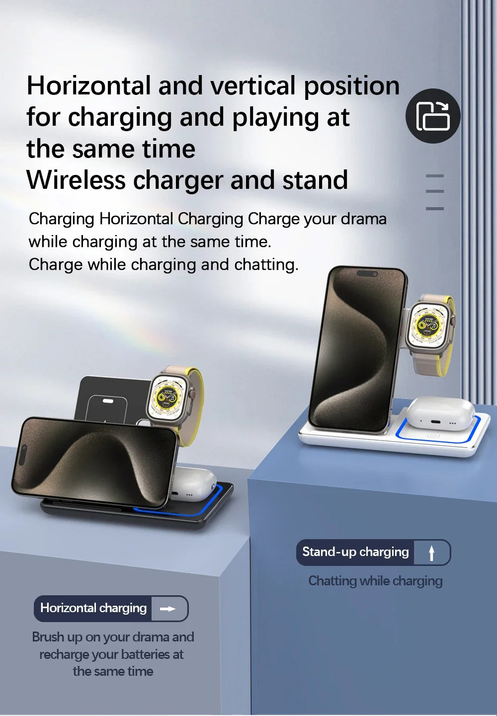 Desktop 3 in 1 Wireless Charger Foldable Fast Phone Charge Station For iPhone 16 15 14 13 12 Apple Watch 10/9/8/7/6 AirPods 3/2