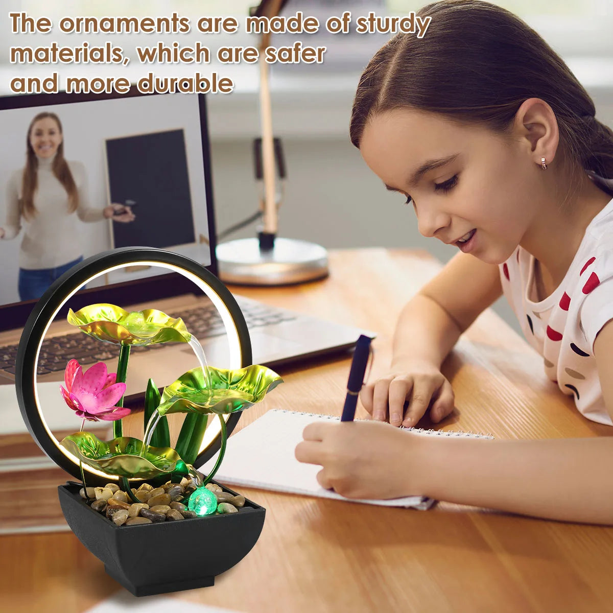 Tabletop Fountain 3-Tiers Lotus Leaf Small Waterfall Fountains Indoor Water Fountain with Rocks and LED Ring Lights for Home