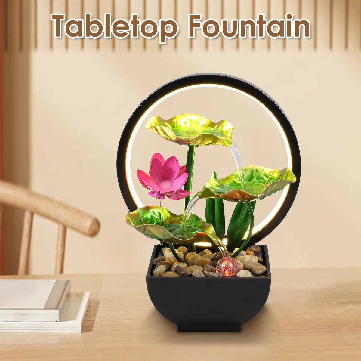 Tabletop Fountain 3-Tiers Lotus Leaf Small Waterfall Fountains Indoor Water Fountain with Rocks and LED Ring Lights for Home