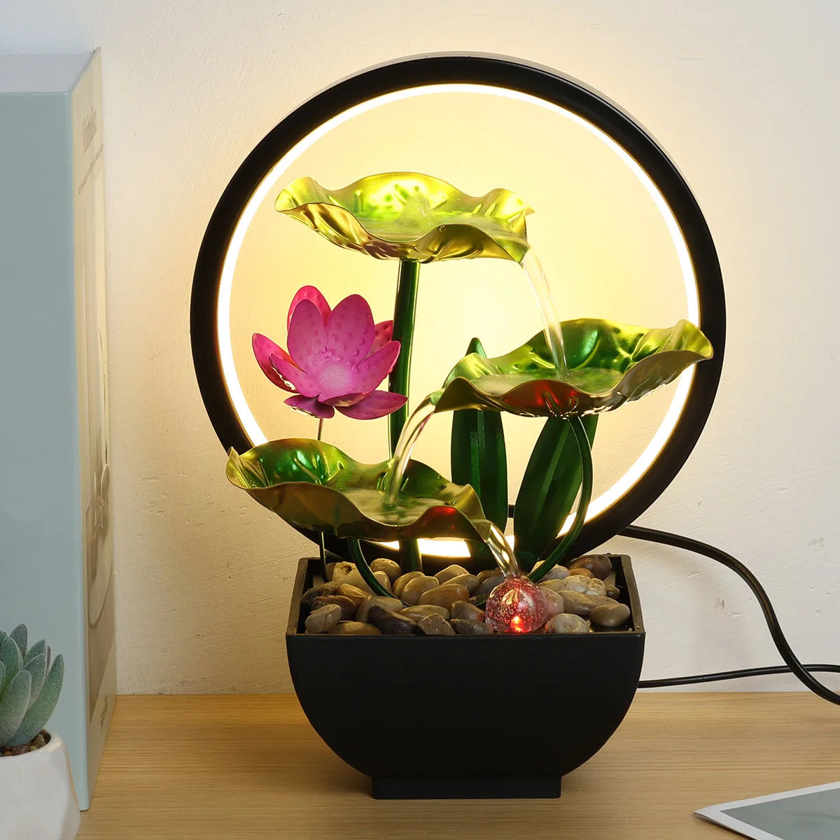 Tabletop Fountain 3-Tiers Lotus Leaf Small Waterfall Fountains Indoor Water Fountain with Rocks and LED Ring Lights for Home