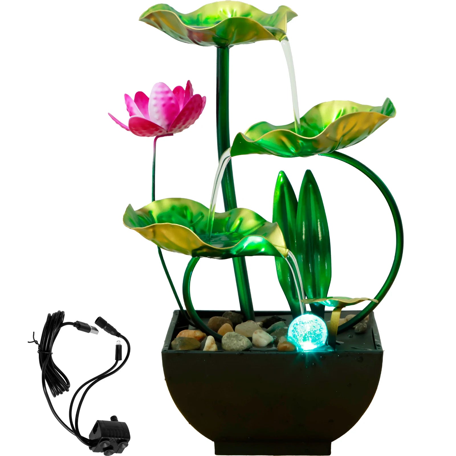 Tabletop Fountain 3-Tiers Lotus Leaf Small Waterfall Fountains Indoor Water Fountain with Rocks and LED Ring Lights for Home