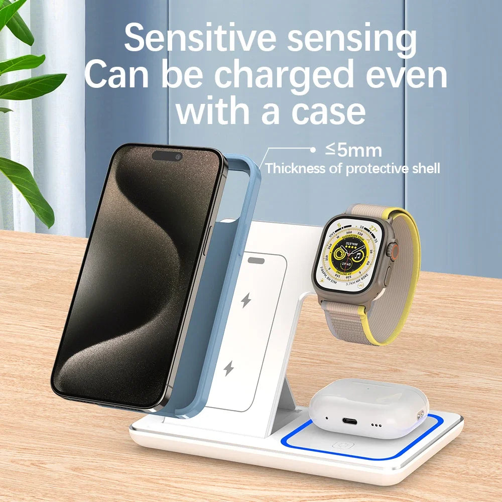 Desktop 3 in 1 Wireless Charger Foldable Fast Phone Charge Station For iPhone 16 15 14 13 12 Apple Watch 10/9/8/7/6 AirPods 3/2