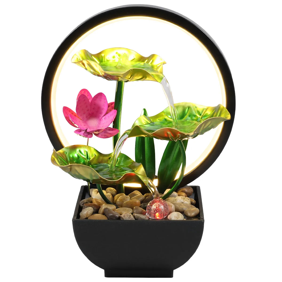 Tabletop Fountain 3-Tiers Lotus Leaf Small Waterfall Fountains Indoor Water Fountain with Rocks and LED Ring Lights for Home