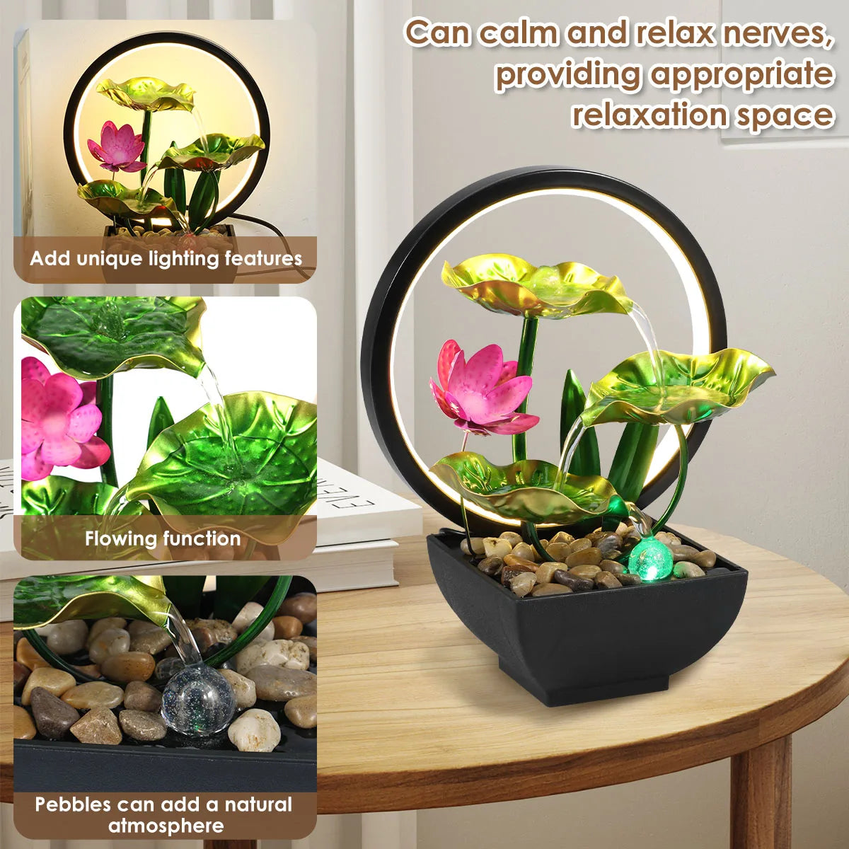Tabletop Fountain 3-Tiers Lotus Leaf Small Waterfall Fountains Indoor Water Fountain with Rocks and LED Ring Lights for Home