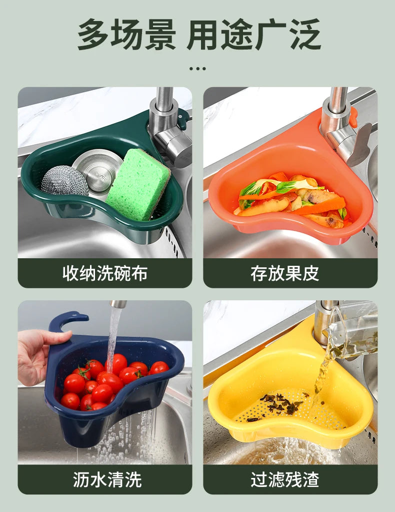 Triangular Draining Rack - Kitchen Sink Organizer with Faucet Space, Hanging Basket & Filter Net for Dish Drying!