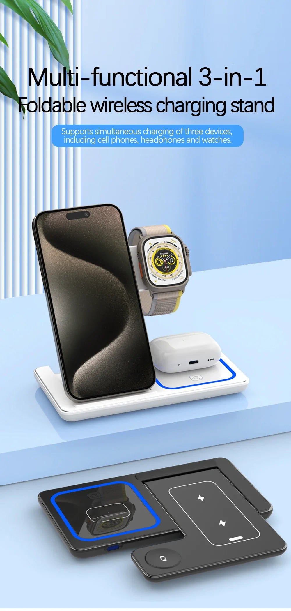 Desktop 3 in 1 Wireless Charger Foldable Fast Phone Charge Station For iPhone 16 15 14 13 12 Apple Watch 10/9/8/7/6 AirPods 3/2