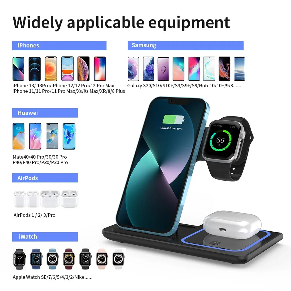 Desktop 3 in 1 Wireless Charger Foldable Fast Phone Charge Station For iPhone 16 15 14 13 12 Apple Watch 10/9/8/7/6 AirPods 3/2