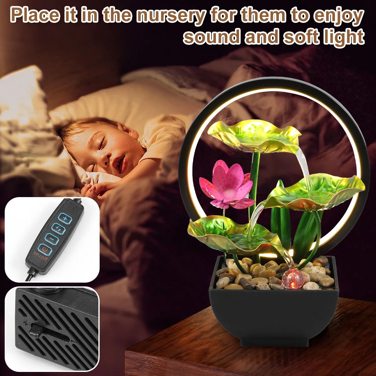 Tabletop Fountain 3-Tiers Lotus Leaf Small Waterfall Fountains Indoor Water Fountain with Rocks and LED Ring Lights for Home