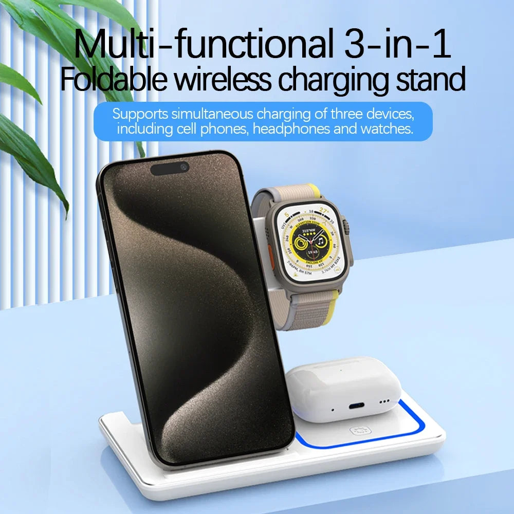 Desktop 3 in 1 Wireless Charger Foldable Fast Phone Charge Station For iPhone 16 15 14 13 12 Apple Watch 10/9/8/7/6 AirPods 3/2