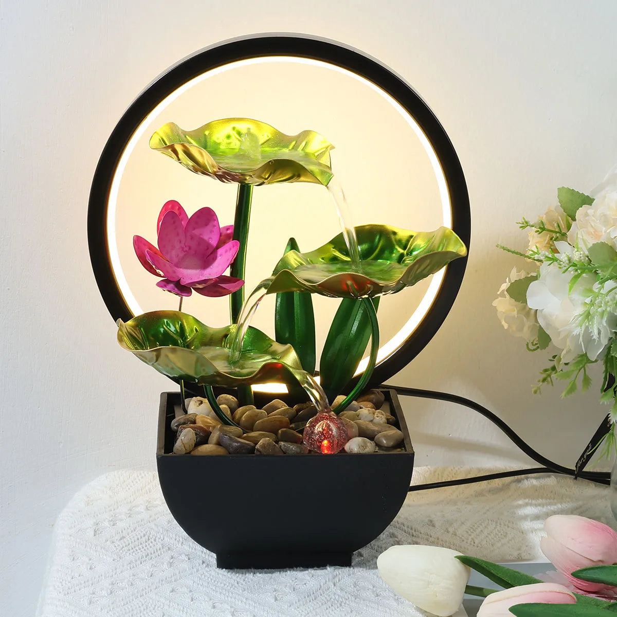 Tabletop Fountain 3-Tiers Lotus Leaf Small Waterfall Fountains Indoor Water Fountain with Rocks and LED Ring Lights for Home